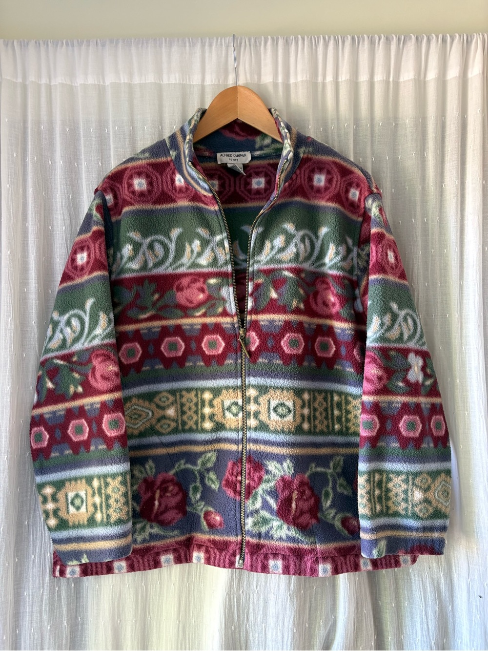 Vintage Alfred Dunner Floral-Striped Zip Fleece Jacket in Burgundy, Green & Navy